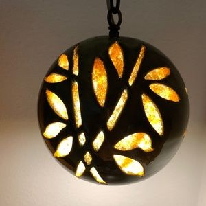 Vintage MCM ceramic hanging globe pendant lamp with bamboo cut out pattern